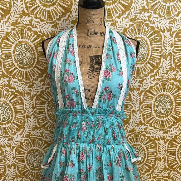 NWT Gipsy Queen Baroc Paris Floral Ruffle Tiered Halter Mini Dress Turquoise M - Picture 6 of 14